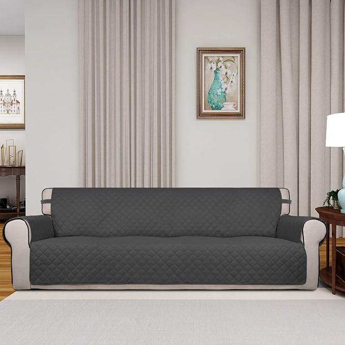 PureFit Reversible Quilted Couch Covers for Dogs Sofa Cover 4 Seater 88" | Dark Gray/Beige, Water Resistant Couch Protector, Washable Pet Couch Cover with Non Slip and Elastic Straps For Kids - Image 2