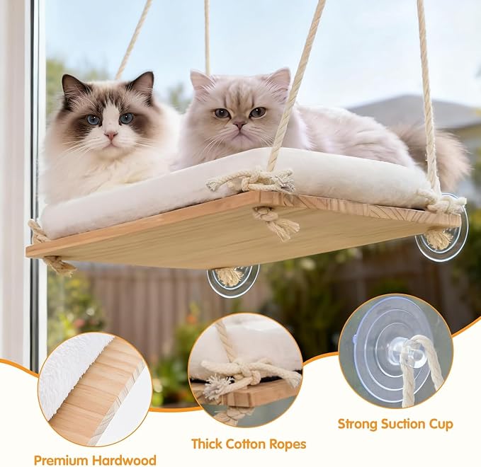 Large Cat Window Perch Hammock, Solid Wood Seat & Plush Cushion | 4 heavy-duty suction cups, sturdy wooden perch for XL & large cats, comfortable indoor window cat bed & hammock - Image 4