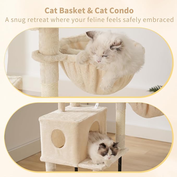 Heybly Cat Tree with Toy, 49.2 inch Cat Tower for Indoor Cats HCT200SM | Spacious Cat House Condo with Hidden Space，Soft Plush Top Perch，Cozy Hammock and Sisal Scratching Posts, Beige - Image 4