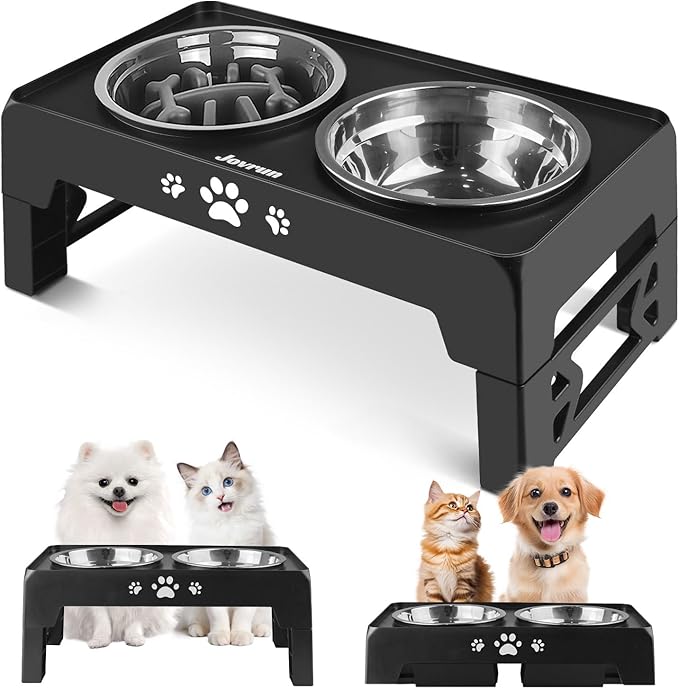 Jovrun Elevated Dog Bowls for Small Dogs and Cats, Non-Slip Cat Bowls with 1*Stainless Steel Dishes & 1*Slow Feeder Bowl, Dog Feeder 2 Heights Adjustable to 2.6"-5.3" by Jovrun