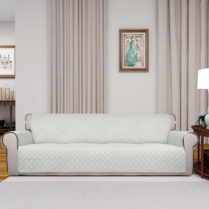 PureFit Reversible Quilted Couch Covers for Dogs Sofa Cover 4 Seater 88" | Ivory/Ivory, Water Resistant Couch Protector, Washable Pet Couch Cover with Non Slip and Elastic Straps For Kids - Image 2