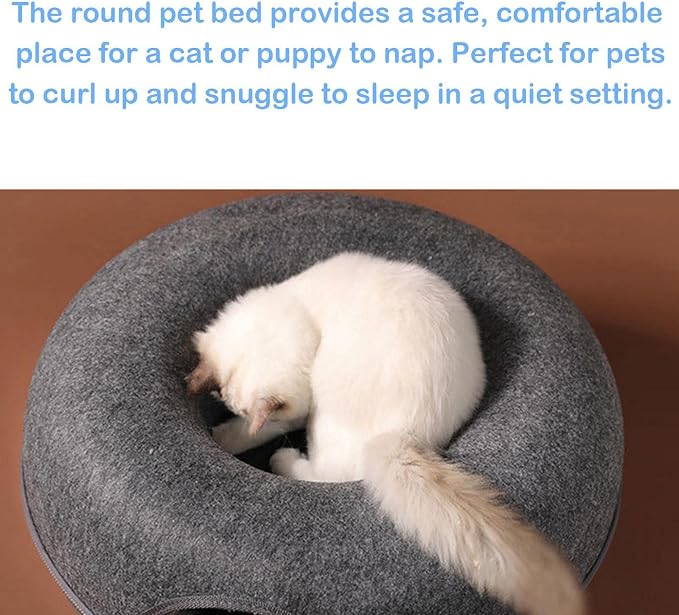 Felt Cat Cave Bed with Removable Cover, Cozy Pet Shelter for Indoor Cats, Zippered Washable Cat House with Roomy Interior (Dark Gray, for Cats Under 15 lbs, Donut Tunnel Style) - Image 2