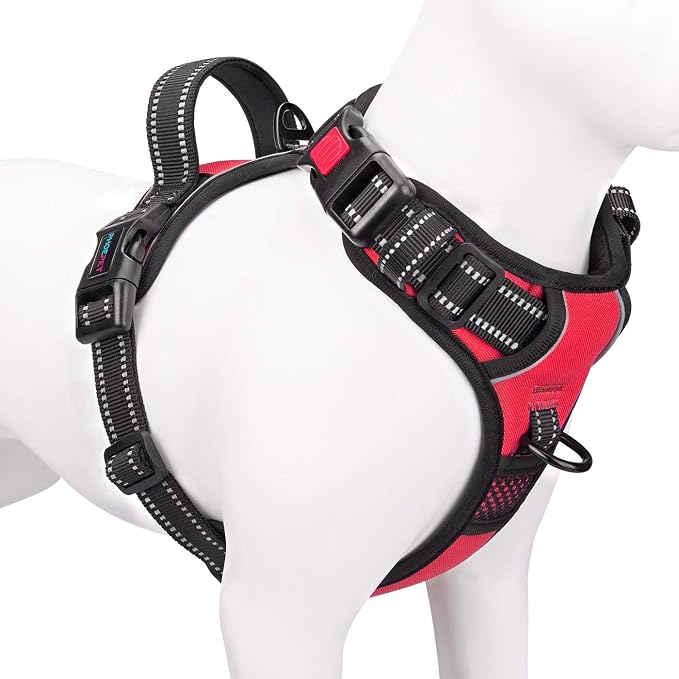 No Pull Dog Harnesses for Small Dogs Reflective Adjustable | Front Clip Vest with Handle 2 Metal Rings 3 Buckles [Easy to Put on & Take off](S, Red) by PHOEPET
