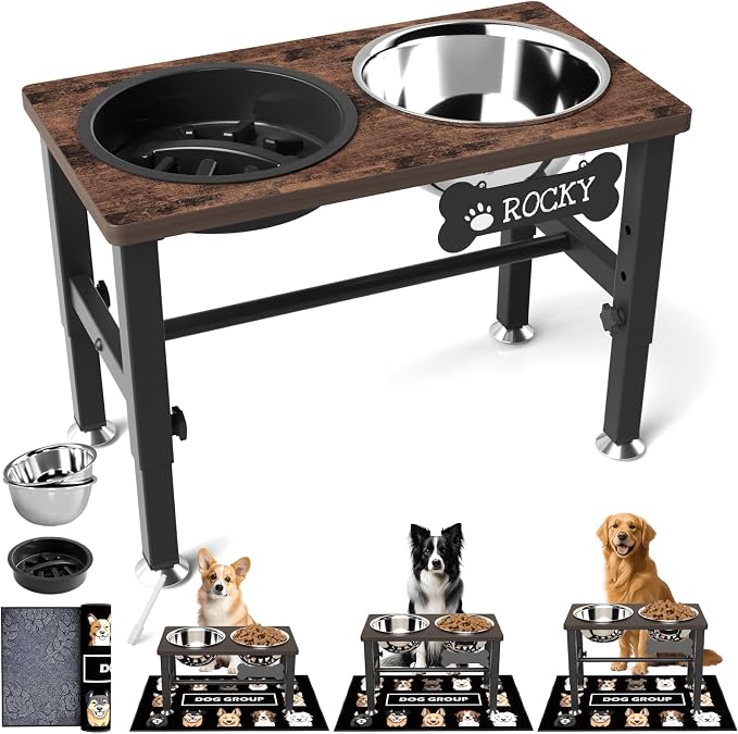 SHAINFUN Elevated Dog Bowls with Slow Feeder & Mat for Medium and Large Dogs, 12" Tall Adjustable Wooden & Metal Raised Dog Bowl Stand, 2 Stainless Steel 58oz Bowls for Food & Water by SHAINFUN