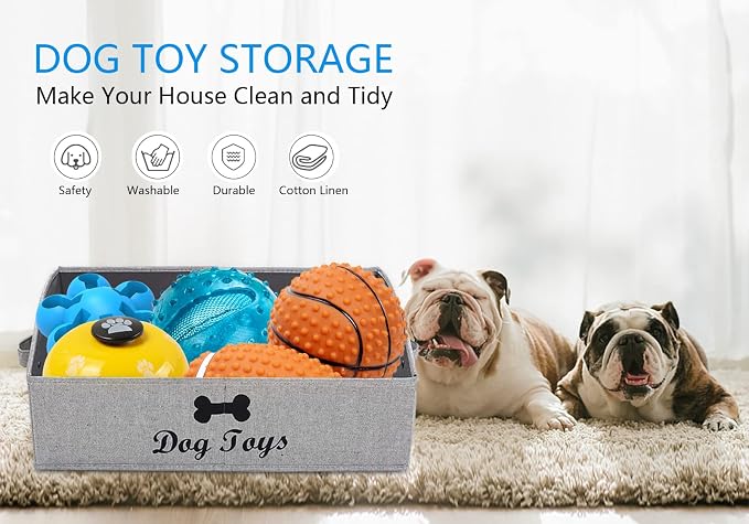 Morezi Linen-cotton blend dog toy basket and dog toy box, dog toy basket storage - Perfect for organizing pet toys, blankets, leashes, chew toys - Grey Stripe - Dog - Image 2
