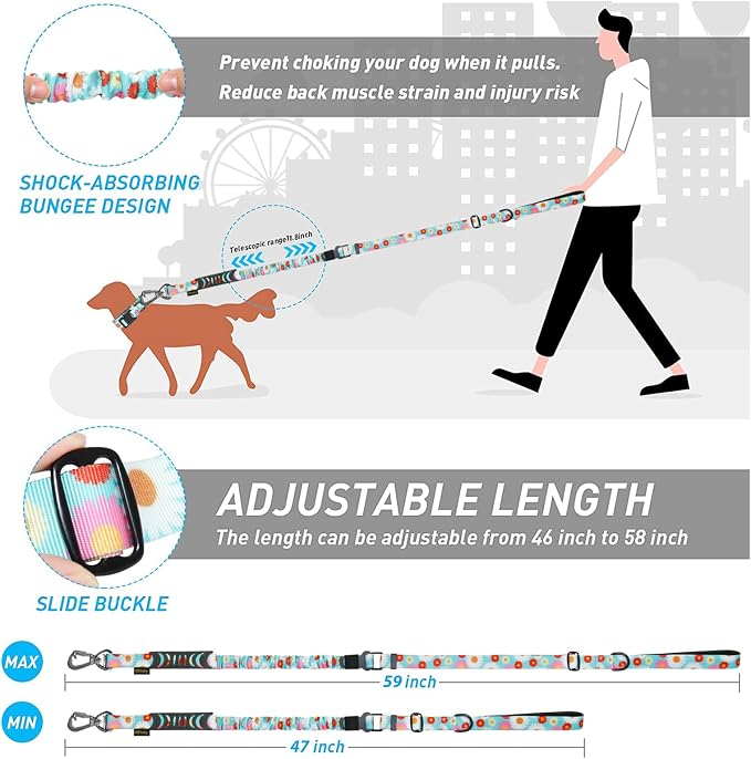 Hotsky Tactical Bungee Shock Absorbing No Pull Dog Leash,Leaves,4-6FT | Heavy Duty for Medium Large Dogs That Pull up to 660 lb,with Padded Double Handle ＆ Car Seatbelt,360°Rotating Locking Clasp - Image 6