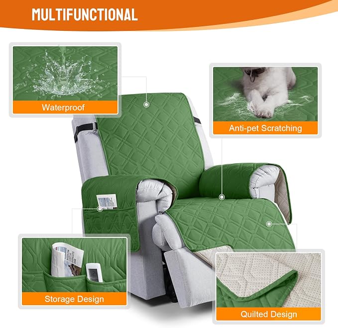 VANSOFY 100% Waterproof Recliner Chair Covers Washable, Vine Green, 30" | Non-Slip, Slipcover with Pocket, Furniture Protector, Elastic Straps, Chair Cover for Pets, Dogs - Image 4
