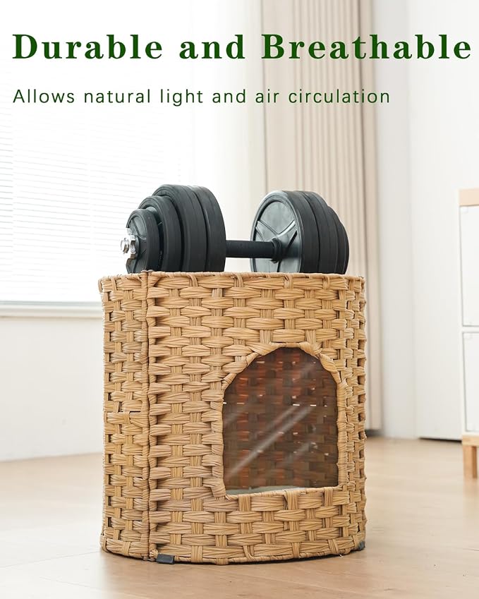 SETVSON Cat House for Indoor Cat, Large Double Cat Houses Bed, Natural | Handwoven PE Rattan Cave with One Soft Pad, 17 x 17 x 17 In Foldable Kitten Hideaway, Double-Level Play & Nap Spot - Image 3