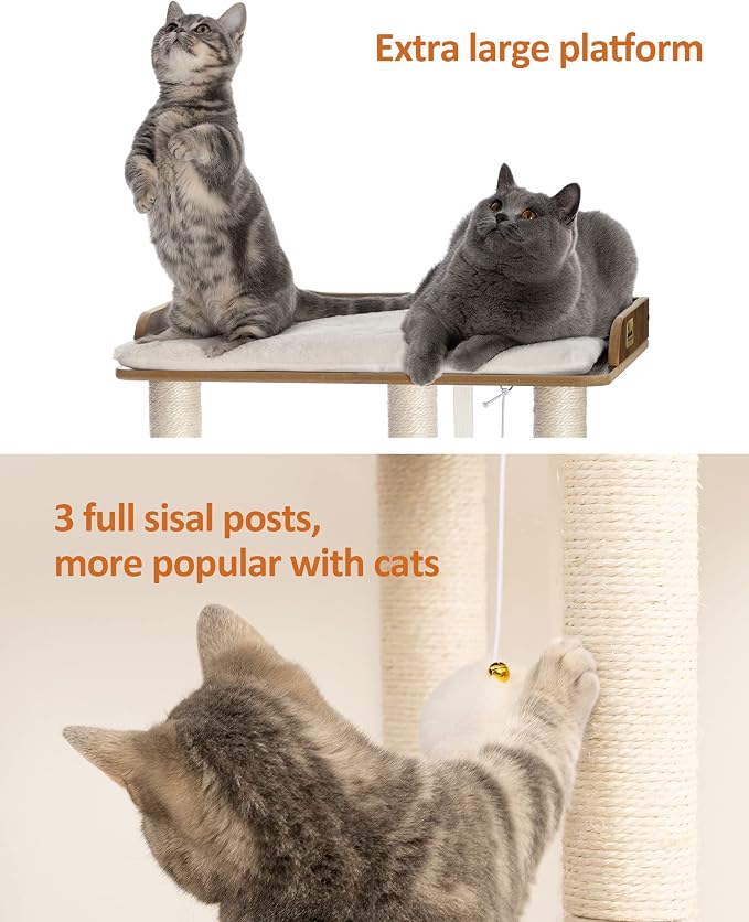 26.7in Large Cat Tree Tower Condo, Cat Scratch Posts for Indoor Cats, Big Plate, Three 23.6in Full Sisal Scratching Posts, Rustic Brown - Image 4