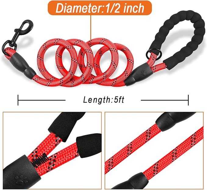BARKBAY Dog Leashes for Large Dogs Heavy Duty Dog Leash 2 Pack 5 FT with Comfortable Padded Handle Highly Reflective Threads for Medium Large Dogs Walking Training Running (5FT-1/2,Red+Black) - Image 6