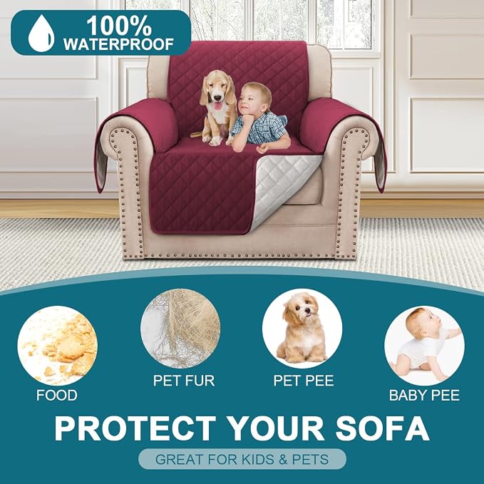 Turquoize 100% Waterproof Sofa Covers Chair Cover Slipcover Couch Protector Triple Non-Slip Sofa Slipcover for 1 Cushion Furniture Protector for Pets, Kids,Dog (Chair 23", Burgundy) - Image 2