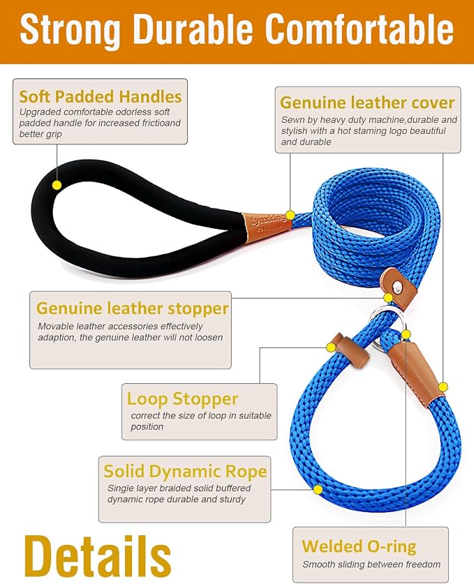 Dog Leash Slip Lead Braided Rope Pet Training Loop Leashes 5ft 6ft 8ft | Lynxking Strong Heavy Duty 1/2" 3/8", Durable Padded Handle No Pull Basic Training Nylon Lead,Small Medium Large Dogs Puppy - Image 2