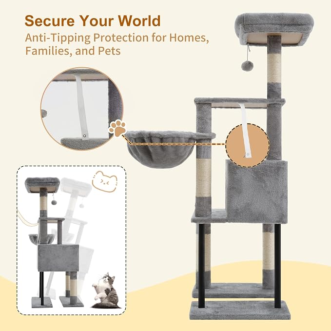 Heybly Cat Tree with Toy, 49.2 inch Cat Tower for Indoor Cats HCT200SW-1 | Spacious Cat House Condo with Hidden Space，Soft Plush Top Perch，Cozy Hammock and Sisal Scratching Posts, Light Gray - Image 5