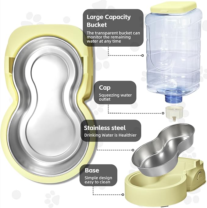 HWONMTE Portable Automatic Cat Feeder and Water Dispenser with Stainless Steel Bowl Dog Gravity Food Feeder and Waterer for Small Medium Pets Puppy Kitten 1 Gallon x 2 (Cream Yellow) - Image 3