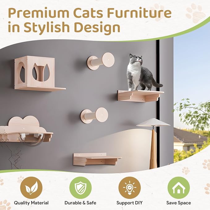 Cat Wall Furniture Set, Cats Wall Shelves Cat Wall Climber | 1 Cat Wall House and 1 Cat Wall Step Wooden Wall Mounted Cats Bed and Perches for Indoor Cats Playing, Climbing - Image 7