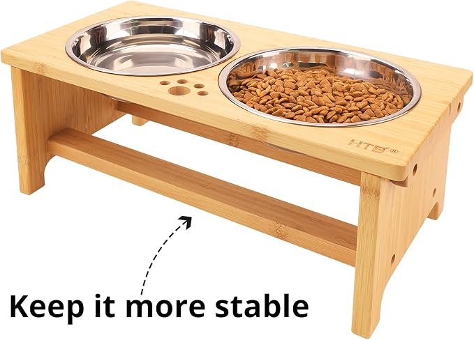 HTB Elevated Dog Bowl Stand with 2 Stainless Steel Bowls-7" H Medium Bamboo | Raised Dog Bowl Stand, 7"tall, 29 Oz Bowls, for Medium Sized Dogs, Pet-safe, Solid Bamboo - Image 4