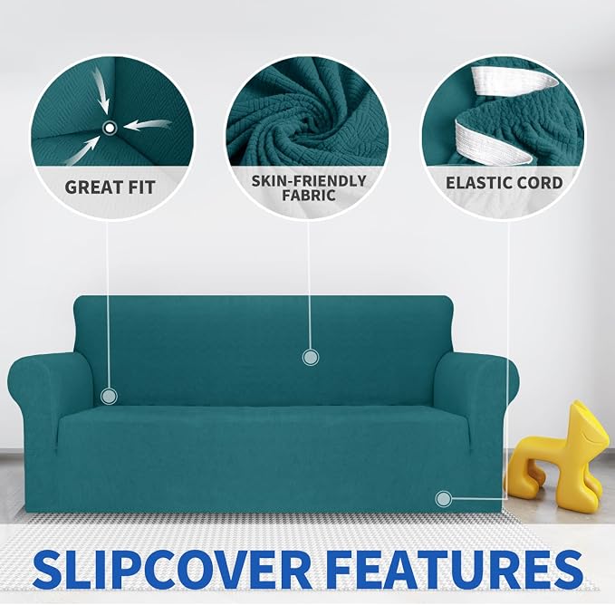 MAXIJIN Couch Covers for 3 Cushion Couch Sofa (71"-91"), 1-Piece Stretch Sofa Cover Slipcover Furniture Protector with Elastic Bottom for Kids,Dogs (Large, Diamond Pattern Blackish Green) - Image 3