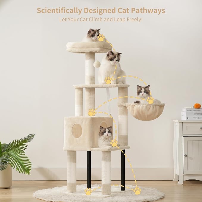 Heybly Cat Tree with Toy, 49.2 inch Cat Tower for Indoor Cats HCT200SM | Spacious Cat House Condo with Hidden Space，Soft Plush Top Perch，Cozy Hammock and Sisal Scratching Posts, Beige - Image 2