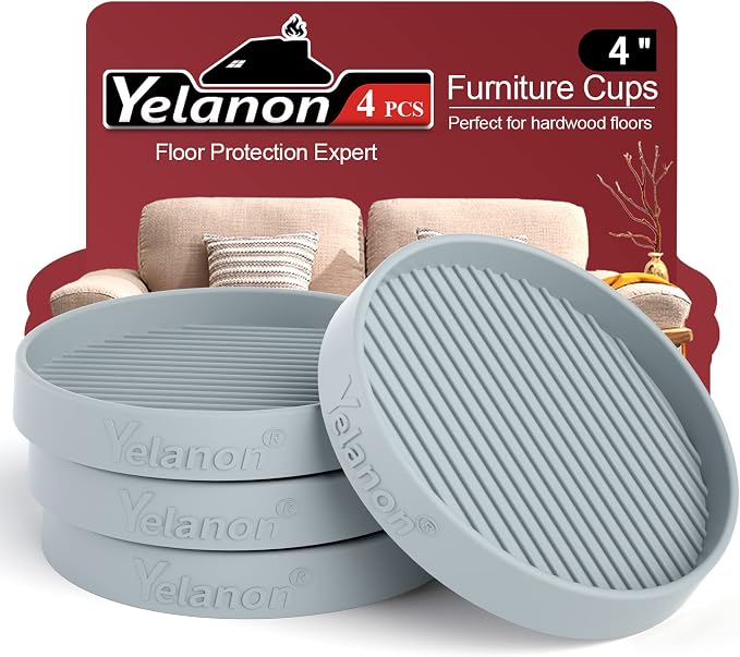 Yelanon Furniture Coasters - 4 Pcs 4”Round Furniture Caster Cups - Non Slip Pads Hardwood Floors Non Skid Grippers Rubber Furniture Feet - Anti Slide Floor Protector for Bed Couch Stoppers Gray by Yelanon