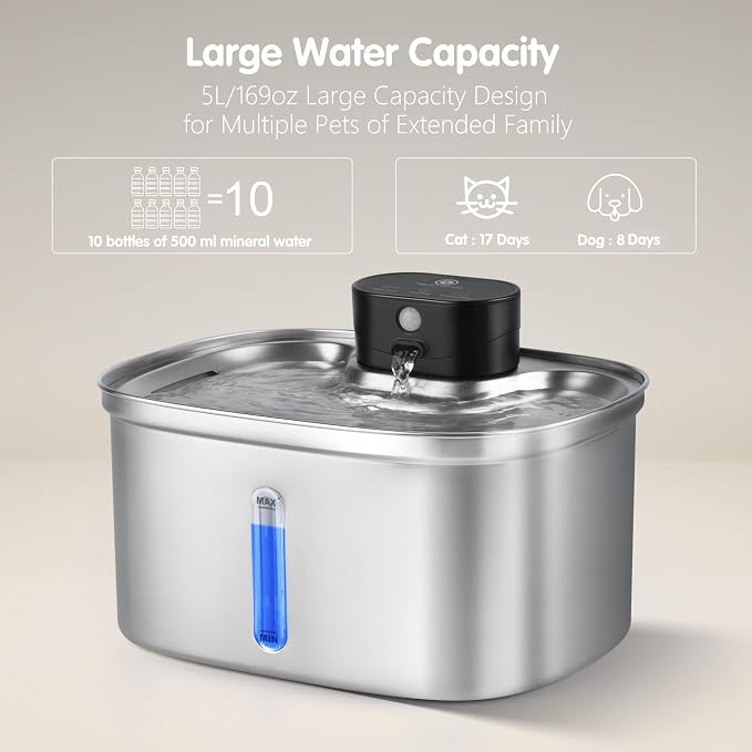 5L/169oz Automatic Stainless Steel Pet Water Fountain for Cats & Dogs, Cordless Cat Dog Drinking Fountain with 5000mAh Rechargeable Battery, Ultra-Quiet Pump & 3 Smart Modes - Image 3
