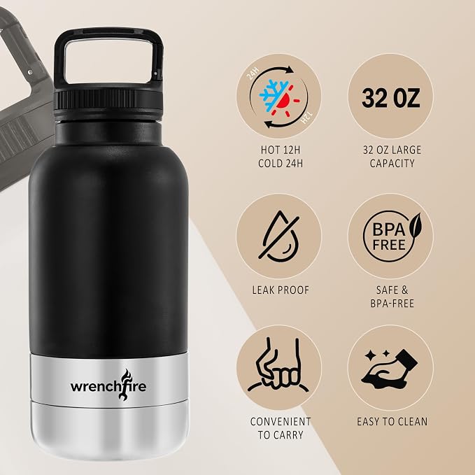 32 oz Instulated Stainless Steel Dog Water Bottle with 2 Detachable Bowls,Portable Cat Travel Dispenser with Brush for Walking Hiking Camping,Black - Image 2