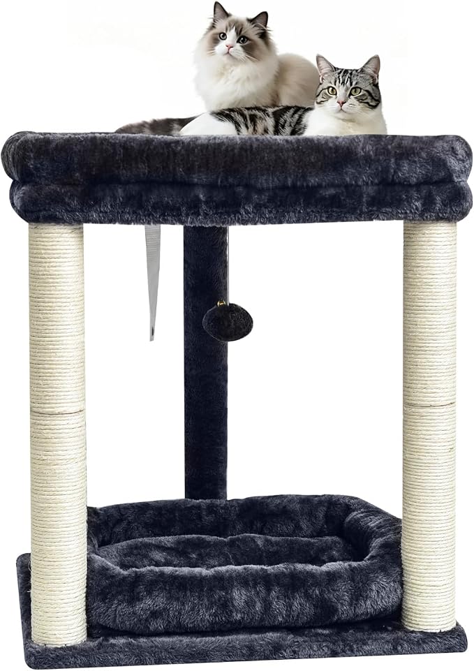 SYANDLVY Small Cat Tree for Indoor Cats with 2 Levels Perch Platforms | Natural Sisal Scratching Post Tower with Hanging Bell Ball & Anti-Tip Strap, Stable Cat Perch Furniture for Kittens, Smoky by SYANDLVY