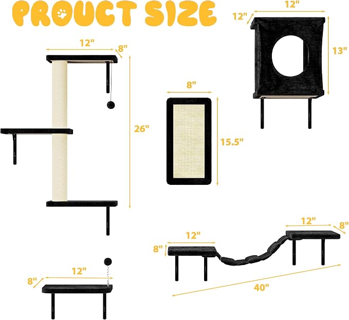 Cat Wall Shelves, 10-in-1 Wall-Mounted Cat Furniture Set | Large Cat Climber Set with House, Bridge, Steps, Scratcher, DIY Playground, Shelves for Indoor Wall Furniture Set - Black - Image 5