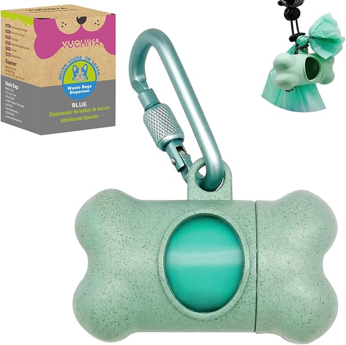 Dog Poop Pickup Bags Holder Dispenser with 1 Roll Random Color Leak-proof Scented Doggy Waste Bags and Carabiner with Safety Lock Plus Hook and Loop Fastener Never Loose on Leash Lead Again (Blue) by YUCHIYA