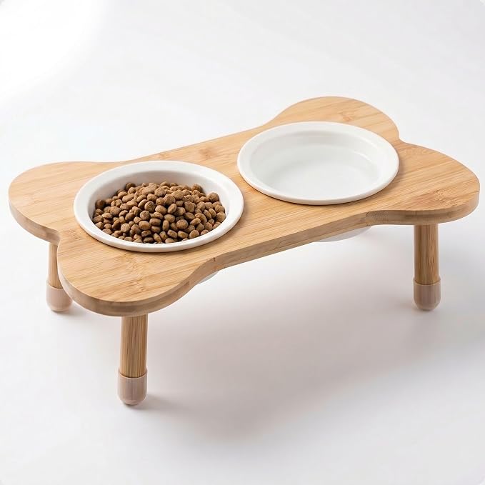 Elevated Dog Bowls for Small Dogs, Set of 2 Ceramic Dog Bowls with Stand | Screw-in Bamboo Legs, Pre-Drilled Holes, Anti-Slip Bamboo Stand, Easy to Assemble, Set of 2 Dog Bowls for Dogs up to 20 lbs by HBDesignCo