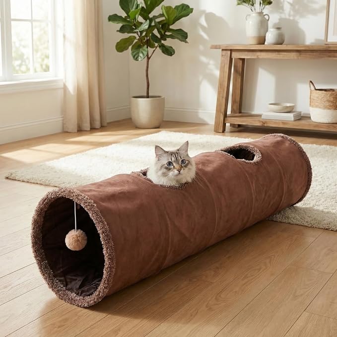 51"x 12" Collasiple Cat Play Tunnel, Cats Tubes and Tunnels, Cat Foldable Hide and Seek Tunnel Toy, Brown Suede Pet Tube Toy for Rabbits, Ferrets, Puppy, Diameter 12 Inch - Image 9