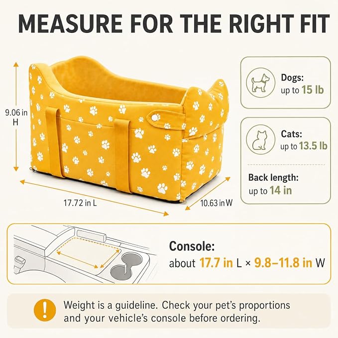 Small Dog Car Seat for Center Console, Yellow | Portable Puppy Armrest Booster for Dogs 5-15 lbs, Anti-Collapse Support with Washable Fluffy Cushion - Image 4