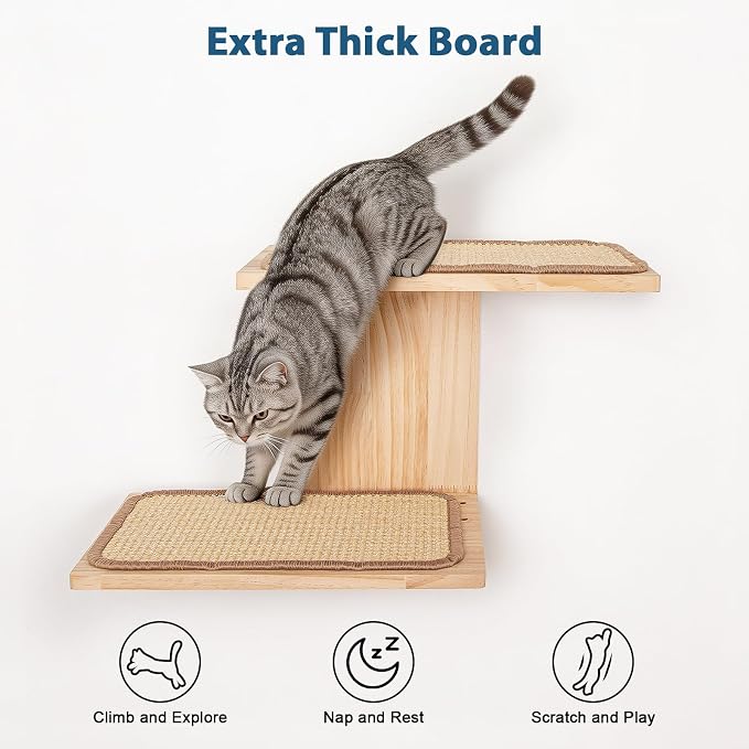 Cat Wall Shelves, 2 Platform Cats Walls Furniture, Tree Shape Kitten Floating Shelf with Sisal Mat Perch, Solid Pine Wood, Suitable for Climb, Play, Nap - Image 4