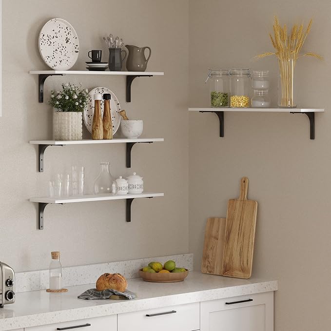 Long Wall Shelves, 31.5Inch Wooden Wall Mounted Shelves, Set of 2 | Floating Book Shelf, Sturdy Metal Bracket Easy Assembly, Max Load 22lbs, Wall Storage Ledges, Bedroom/Bathroom/Kitchen, White - Image 6