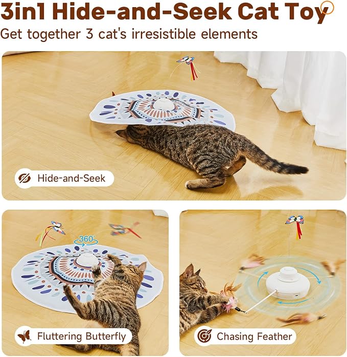 Potaroma Cat Toys Chargeable, 3in1 Hide and Seek for Kittens, Interactive Automatic Play, Fluttering Butterfly, Moving Wand Feather, Indoor Kitty Exercise 22.8 Inch Cover for All Breeds | Automatic Play, Fluttering Butterfly, Moving Wand Feather, Indoo... - Image 2