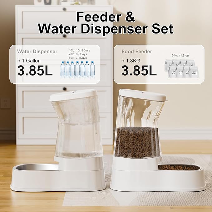 Automatic Pets Gravity Feeder and Water Dispenser Set, 1Gallon x 2 Stainless Steel Food Feeder and Waterer, 100% BPA-Free Water Bowl Dispenser for Small&Medium Dogs, Cats, Puppies(White) - Image 2