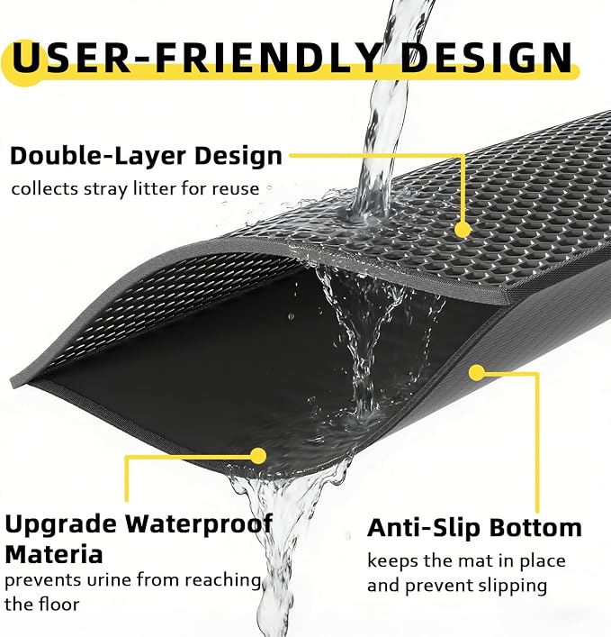 Cat Litter Mat, 30"x24", Waterproof, Easy to Clean (Black-1Pack) | Double-Layer Honeycomb for Effective Litter Trapping, Premium Durable EVA, Non-Slip, Paw-Friendly Soft Surface - Image 3