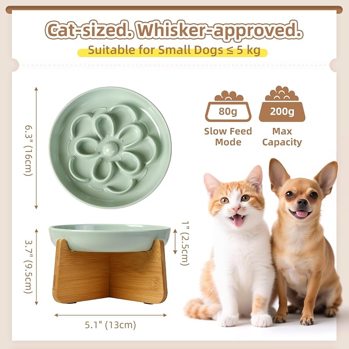 Elevated Slow Feeder Cat Bowl - Melamine Cat Dish with Anti-Slip Bamboo Stand - Whisker Friendly Feeding Bowl - Floral Maze Food Plate for Slow Eating - Green - Image 2