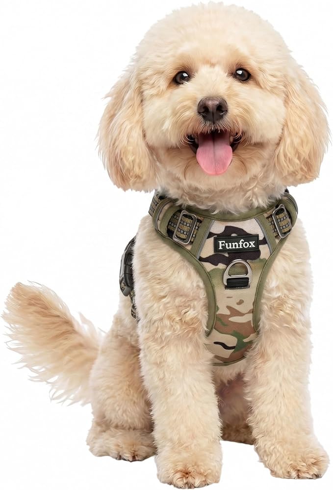 Dog Harness No Pull, Adjustable Pet Vest Harness, Super Soft Material with Vertical Handle Easy Control, Reflective Night Walking, 2 Leash Clips for Small Sized Dogs, Camo Green, S by MyFUNFOX