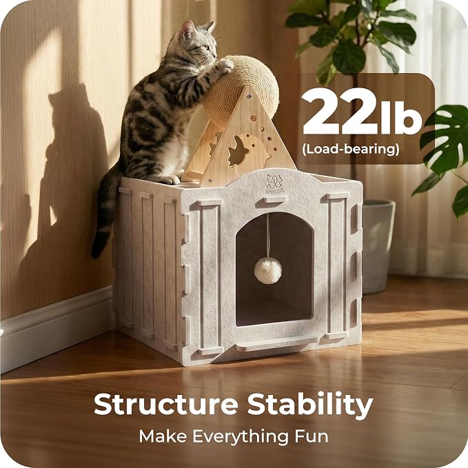 Cat Bed Cave for Indoor Cats: New Felt Cat Bed with Fluffy Ball, Foldable Cat House with Scratch-Resistant Board, Hideaway Cat Cave for Timid Cats, Sturdy Two-Tier Cat Condo & Cat Houses - Image 3
