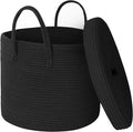 15" X 13" Large Black Basket with Lid, Cotton Rope Storage Basket for Blanket, Toy, Pillow, Towel, Laundry, Wicker Living Room Bedroom Storage Bin, Black Woven Organizing Basket with Cover by HONCESTA