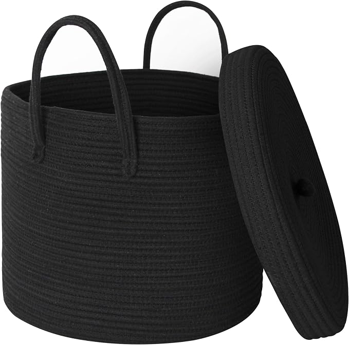 15" X 13" Large Black Basket with Lid, Cotton Rope Storage Basket for Blanket, Toy, Pillow, Towel, Laundry, Wicker Living Room Bedroom Storage Bin, Black Woven Organizing Basket with Cover by HONCESTA