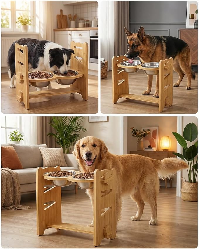 Jovrun Elevated Dog Bowls, Adjustable Raised Dog Bowl Stand for Medium Large Size Dogs, 15°Tilted Elevated Dog Bowls, Durable Bamboo Dogs Feeder with 2 Stainless Steel Bowls and Non-Slip Feet - Image 7