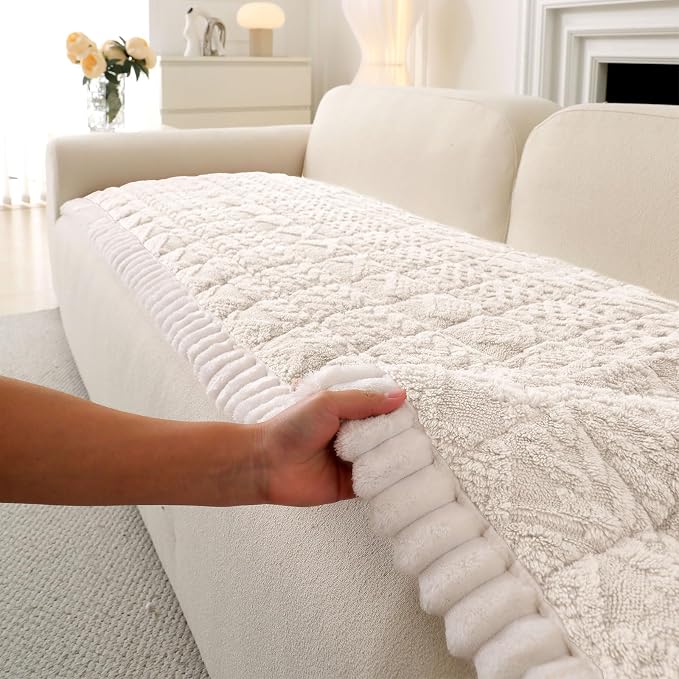 OTOB All Seasons Sofa Covers for 3 Cushion Couch Washable, Geometric Jacquard Fuzzy Non-Slip Pet Couch Cover, Kids Pet Friendly Soft Plush Sofa Slipcovers Dog Bed Mats (Off White, 27.6" x 70.9") - Image 9