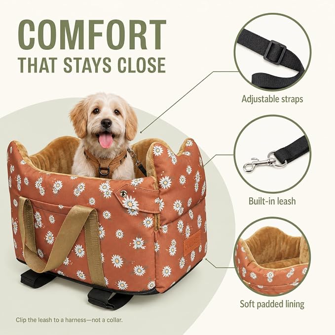 Dog Car Seat for Small Dogs 5-15 lbs,Cofe Color | Pet Travel Booster Seat with Safety Leash, Detachable Seat Belt,Storage Pockets - Image 7