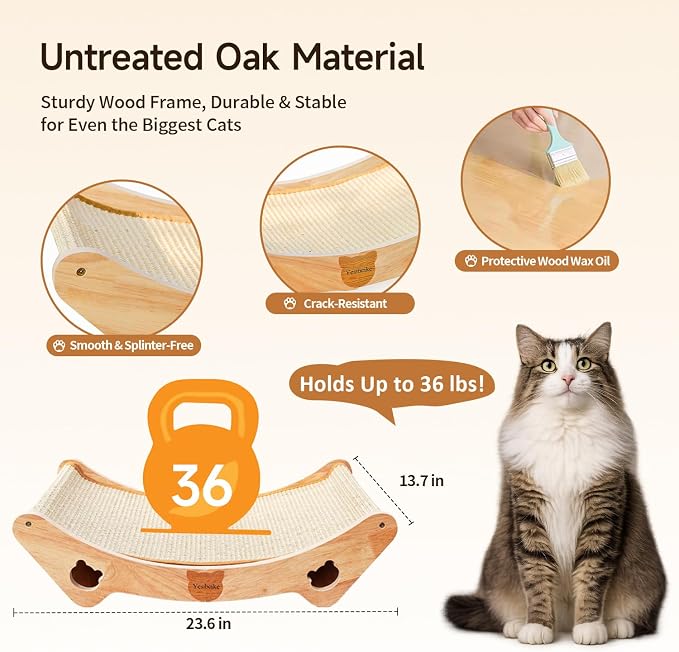 Upgraded Sisal Cat Scratcher Bed, Solid Oak Frame 1.3 cm Thick, 100% Sisal Pad, Curved Scratch Lounger, Stable Base Up to 36 lb, Sofa Protector, Odor-Free, 23.6" x 13.7" - Image 4