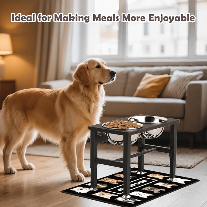SHAINFUN Elevated Dog Bowls with Slow Feeder & Mat for Medium Large Dogs, Adjustable Height, Raised Dog Bowl Stand with 2 Stainless Steel 58oz Bowls, Tall Dogs Food Water Bowl Wooden & Metal Holder - Image 7
