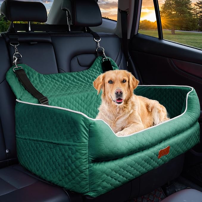 Dog Car Seat for Medium & Large Dogs Up to 55 lbs or 2 Small Dogs, Green | Memory Foam Elevated Booster Seat with Safety Belts, 4-Inch Thick Cushion, Storage Pockets and Removable Washable Cover by EUHAMS