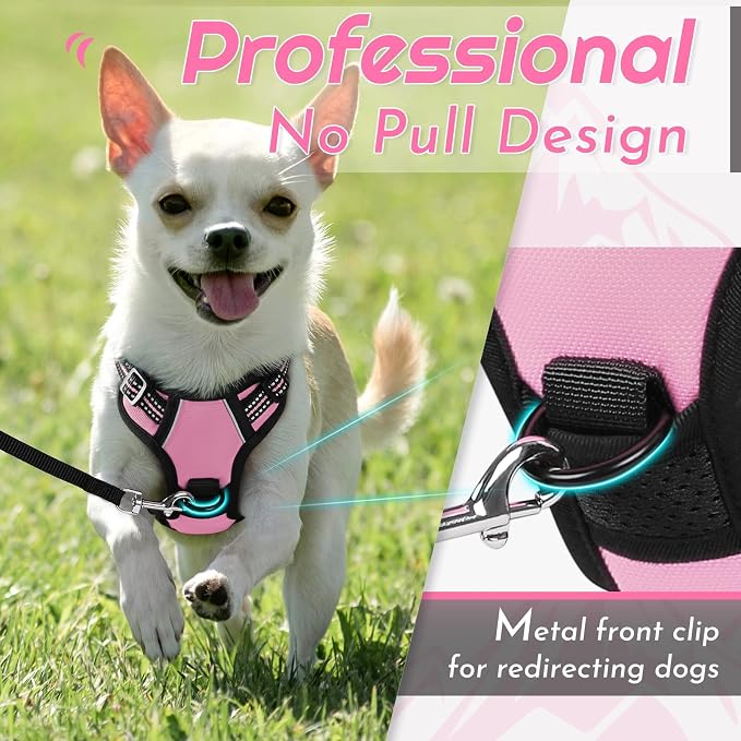 Eagloo Dog Harness for Small Dogs, No Pull Pet Vest with 2 Leash Clips | No Choke with Handle, Adjustable Comfort Fit, Reflective Strips, Easy Walking Control, Pink, X-Small - Image 3