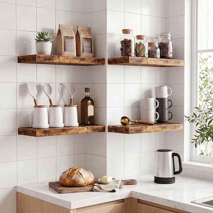 Fixwal Floating Shelves for Wall Decor (Rustic Brown, Set of 4, 15.7 Inch) | MDF Shelves with Metal Brackets, Space Saving for Books, Decor, Works in Bathroom, Kitchen, Living Room, Bedroom - Image 5