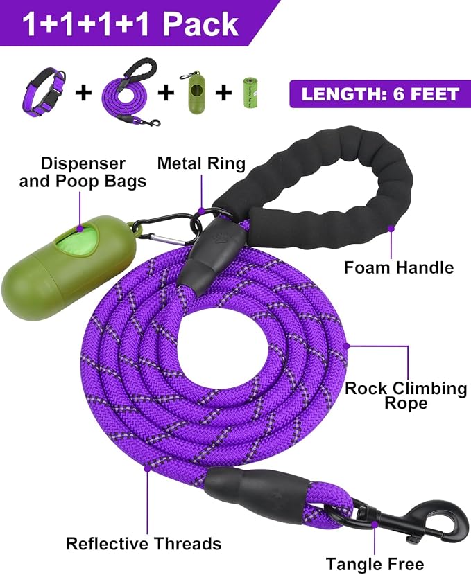 Dynmeow Reflective Dog Collar and Leash Set for Small Dogs, Purple | Soft Neoprene Padded, 6FT Climbing Rope, Ideal for Daily Outdoor Walking or Indoor Wearing, Night Visible for Safety - Image 3